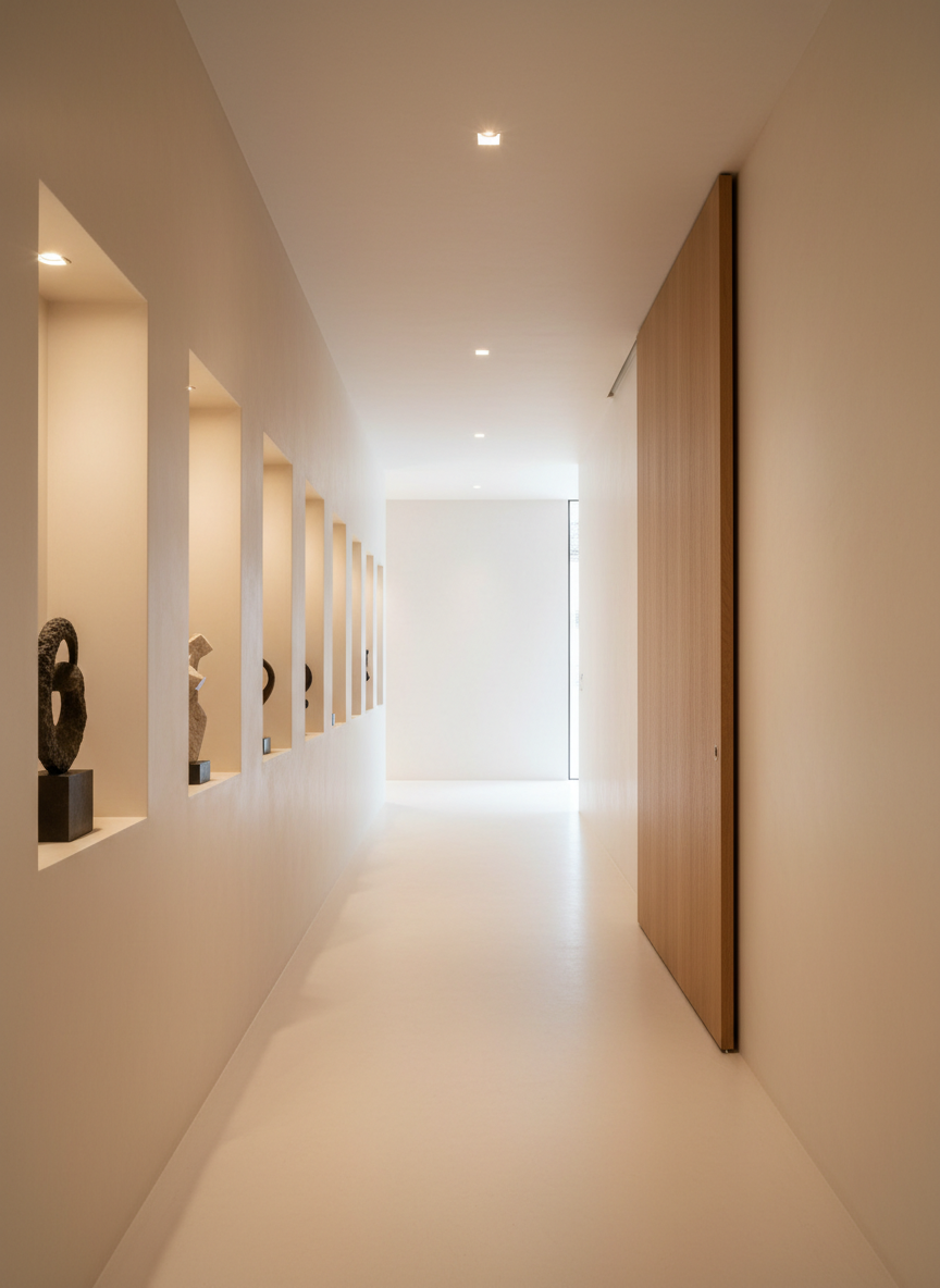 A gallery-like hallway expressing spatial design and integrated art: elongated corridor with continuous, seamless microcement flooring and walls in soft warm white. On one side, a series of recessed, frameless niches host minimal sculptural pieces in stone and metal, each highlighted by discreet, warm-white downlights recessed into the ceiling. The opposite wall is punctuated by a single large pivot door in rift-cut oak, flush with the wall, its vertical grain subtly catching the light. Indirect natural light seeps from an opening at the far end, creating a gentle gradient of brightness along the space. Photographic realism, captured from a low, central perspective accentuating depth and linearity. The mood is sophisticated and contemplative, with a clean, modern aesthetic that celebrates proportion and precise detailing.