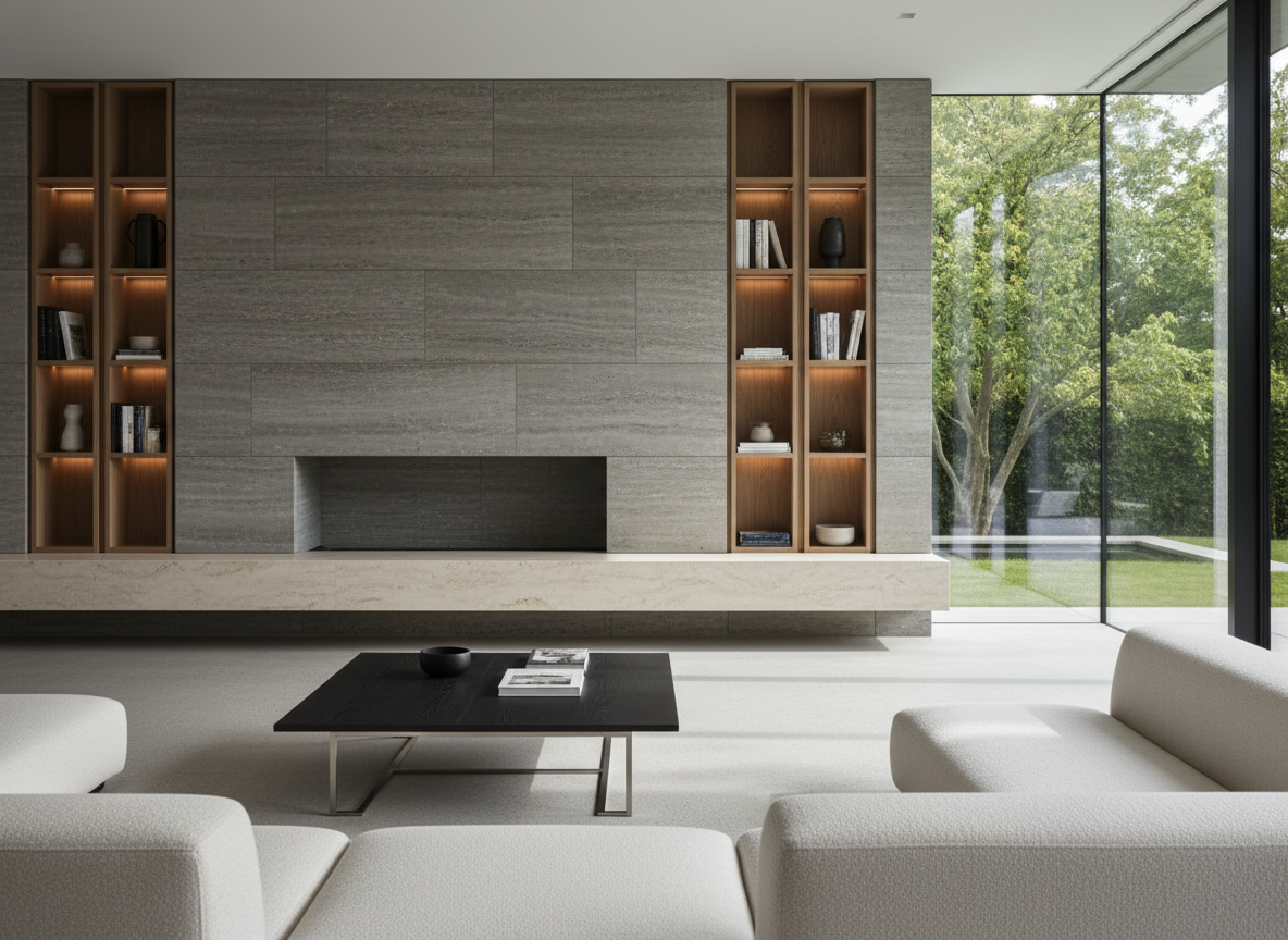 A serene living room concept showcasing bespoke interior architecture: a low, stone-clad fireplace wall seamlessly integrated with slender oak shelving and a floating, monolithic bench in travertine. Sculptural, off-white modular seating with subtle bouclé texture is arranged around a minimalist coffee table crafted from dark-stained wood and brushed metal. The space opens to a large window framed in thin black metal, revealing soft daylight that washes across microcement floors, casting gentle, elongated shadows. Photographic realism with a clean, modern, sophisticated mood, captured at eye level with a wide lens, emphasizing spatial continuity and refined materiality. Background elements are softly blurred to highlight the crafted junctions between wall, furniture, and architectural details.