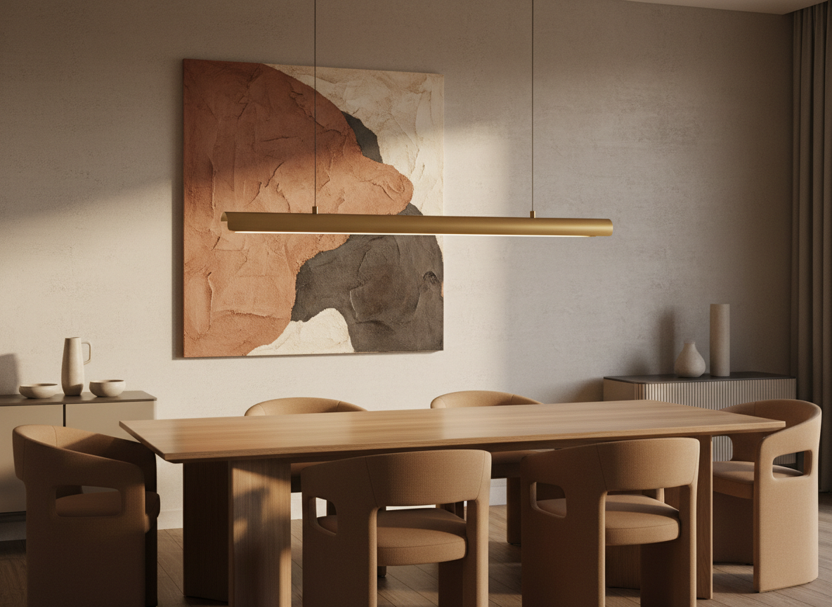 A refined dining area defined by custom furniture and art: a long, slim oak dining table with chamfered edges and a matte finish, paired with sculptural upholstered chairs in warm taupe. Above the table hovers a linear brass pendant with diffused warm light, echoing the table’s length. A large, abstract textured artwork in muted terracotta, ivory, and charcoal tones anchors the wall behind, set against smooth limestone plaster. Natural late-afternoon light enters from an unseen window, mixing with the pendant glow to create a soft, inviting atmosphere. Shot in photographic realism from a slightly elevated angle, using the rule of thirds to frame table, lighting, and artwork, with crisp focus on materials and a subtly blurred background for depth.