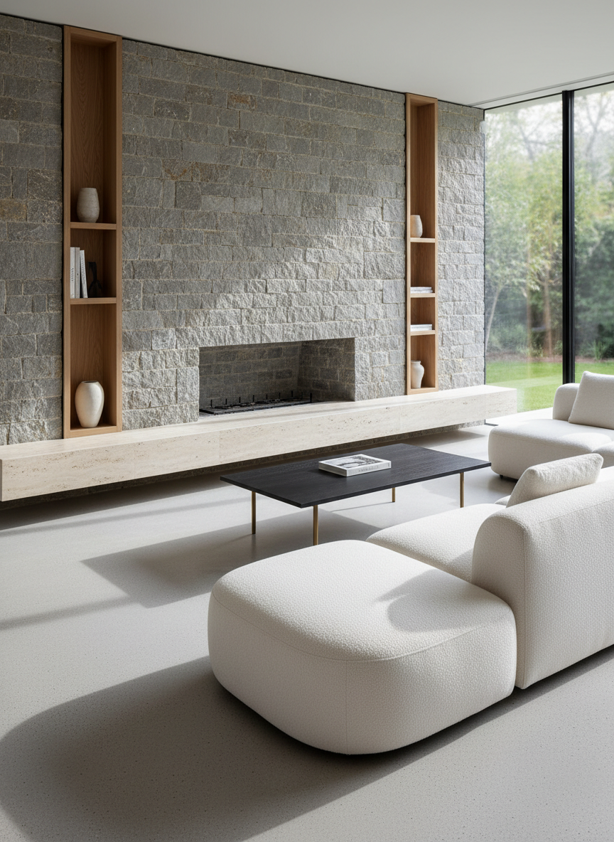 A serene living room concept showcasing bespoke interior architecture: a low, stone-clad fireplace wall seamlessly integrated with slender oak shelving and a floating, monolithic bench in travertine. Sculptural, off-white modular seating with subtle bouclé texture is arranged around a minimalist coffee table crafted from dark-stained wood and brushed metal. The space opens to a large window framed in thin black metal, revealing soft daylight that washes across microcement floors, casting gentle, elongated shadows. Photographic realism with a clean, modern, sophisticated mood, captured at eye level with a wide lens, emphasizing spatial continuity and refined materiality. Background elements are softly blurred to highlight the crafted junctions between wall, furniture, and architectural details.