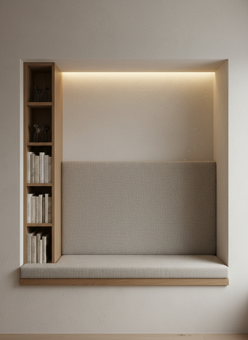 A contemplative reading corner designed as an integrated architectural feature: a recessed niche with a built-in oak bench, seat upholstered in stone-colored wool, and a deep backrest panel in softly textured plaster. Thin, vertical shelves are carved into one side of the niche, holding a restrained selection of neutral-toned books and small sculptural objects in patinated bronze. An invisible LED strip concealed in the upper edge casts a warm, even wash of light down the wall, while faint daylight filters from an adjacent room, creating layered illumination. Photographic realism, shot at eye level with a slightly off-center composition emphasizing negative space around the niche. The overall atmosphere is intimate, refined, and quietly luxurious, with every junction between materials clearly articulated.