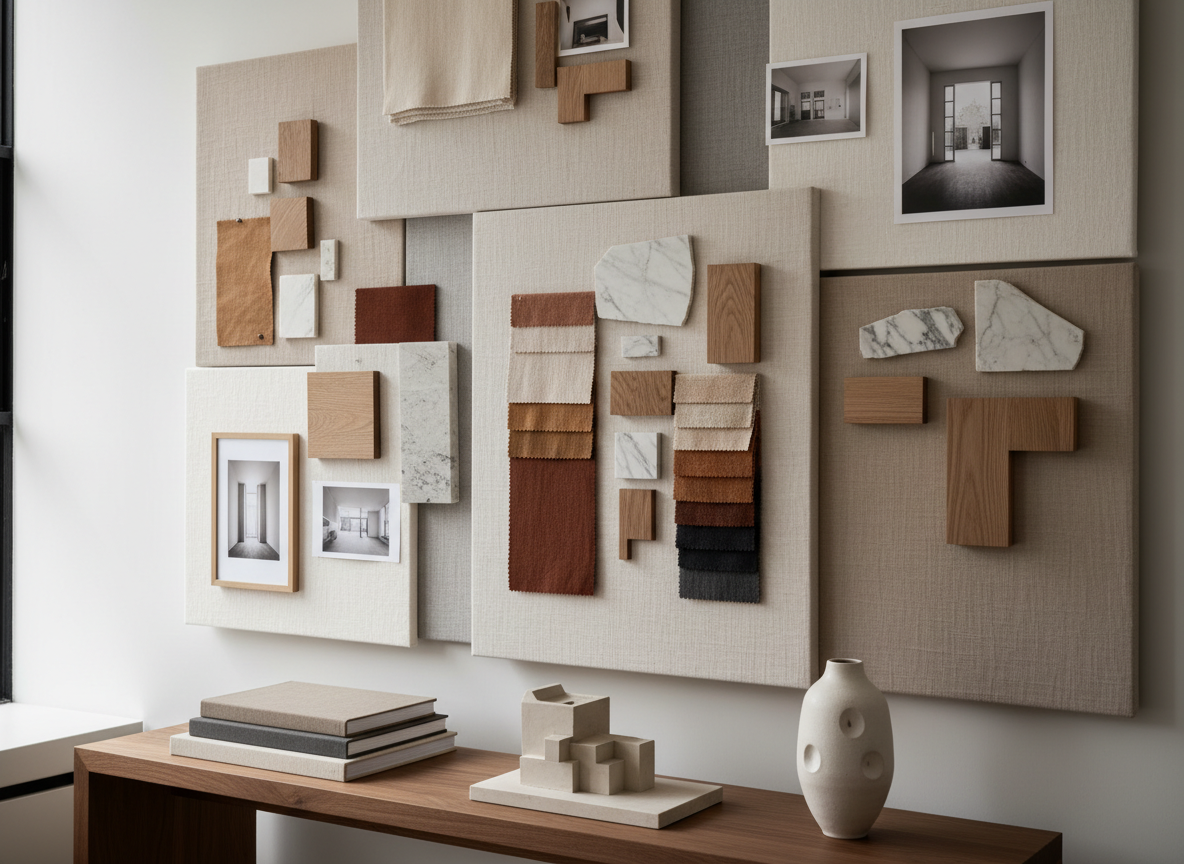 A sophisticated studio moodboard wall for an interior design project: large, overlapping boards of linen-covered panels pinned with fabric swatches in sand, clay, and charcoal, fragments of veined marble, oiled oak samples, and small monochrome architectural sketches. On a nearby low console in smoked oak, carefully arranged are a plaster maquette of a spatial layout, a stack of linen-bound portfolios, and a single, minimalist ceramic vessel. Soft, diffused daylight from a high side window grazes the textures, creating delicate shadows and highlighting material depth. Captured in photographic realism at a slight three-quarter angle, with a shallow depth of field focusing on the central cluster of samples. The mood is calm, intellectual, and meticulously curated, embodying a high-end design practice without showing any people.