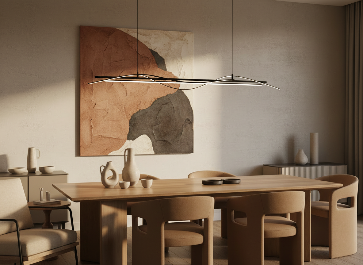 Fotografía de un espacio interior con mobiliario de diseño contemporáneo en madera clara y metal negro, líneas limpias y minimalistas, con una composición cálida y sofisticada, iluminación natural suave y detalles de decoración elegantes, estilo editorial arquitectónico